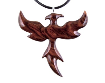 Phoenix Pendant, Firebird Necklace for Men Women, Hand Carved Fantasy Wooden Bird Jewelry, Inspirational Handmade Gift