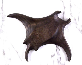 Wooden Manta Ray Magnet, Hand Carved Nautical Sea Animal Fridge Decor in Ebonized Walnut