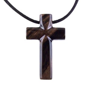 Hand Carved Wood Cross Necklace, Wooden Cross Pendant, Christian Jewelry for Men in Black with Brown Streaks