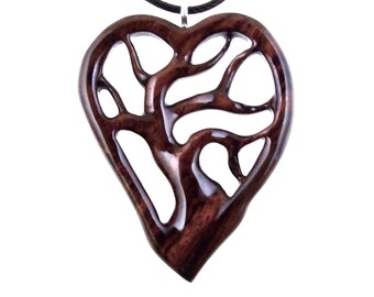 Wooden Tree of Life Pendant, Hand Carved Wood Heart Necklace, 5th Anniversary Jewelry Gift