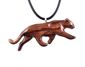 Hand Carved Puma Pendant, Wooden Panther Necklace, Cougar, Mountain Lion, Big Cat Animal Wood Jewelry for Men or Women, Gift for Him Her