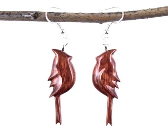 Dangle Cardinal Earrings, Hand Carved Wooden Bird Earrings, Handmade Bohemian Wood Jewelry Gift for Her