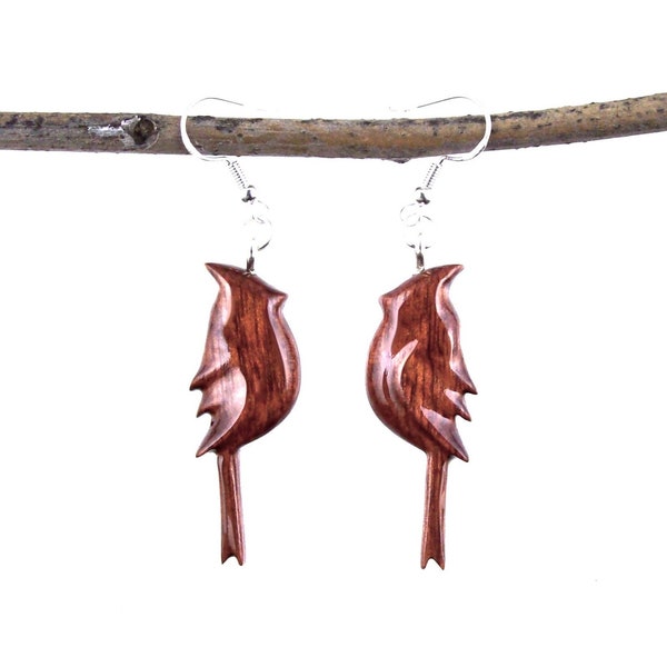 Dangle Cardinal Earrings, Hand Carved Wooden Bird Earrings, Handmade Bohemian Wood Jewelry Gift for Her