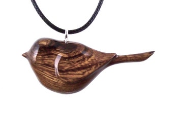 Chickadee Necklace, Hand Carved Wooden Bird Pendant, Wood Bird Jewelry, One of a Kind Gift for Her