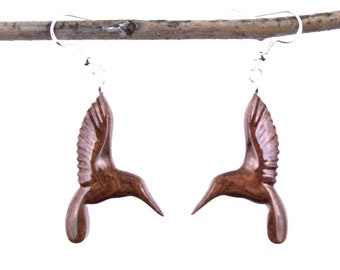 Wooden Hummingbird Drop Earrings, Hand Carved Dangle Bird Earrings, One-of-a-Kind Stylish Wood Jewelry Gift for Her