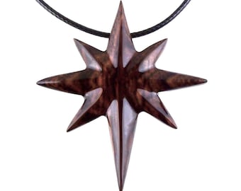North Star Necklace, Hand Carved Wooden Polaris Pendant, Traveler Lucky Charm, Wood Jewelry
