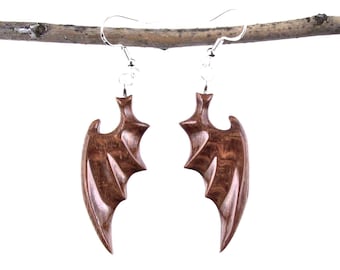 Dragon Wing Earrings, Hand Carved Dangle Wooden Earrings, Cosplay Fantasy Wood Jewelry, One of a Kind Gift for Her