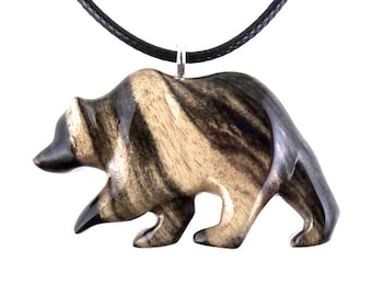 Bear Necklace, Hand Carved Wooden Grizzly Bear Pendant for Men or Women, Woodland Jewelry, Spirit Animal Totem