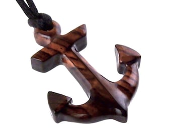 Anchor Necklace, Hand Carved Wooden Anchor Pendant, Handmade Nautical Jewelry, Gift for Him