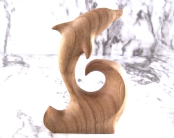 Hand Carved Dolphin Figurine, Wood Dolphin Sculpture, Handmade Nautical Bookshelf Decoration, Desk Decor