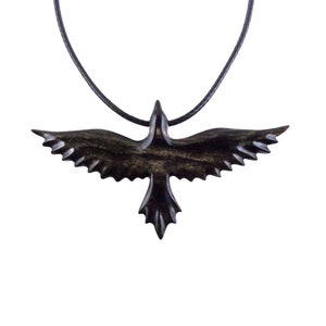 Flying Raven Necklace, Hand Carved Wooden Raven Pendant, Crow Necklace for Men or Women, Wood Bird Pendant, Totem Jewelry