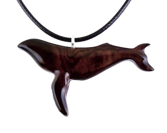 Humpback Whale Necklace, Hand Carved Wooden Whale Pendant, Whale-Watcher Gift for Men Women