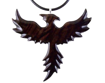 Hand Carved Phoenix Necklace, Wooden Rising Phoenix Pendant for Men or Women, Wood Firebird Fantasy Inspirational Jewelry