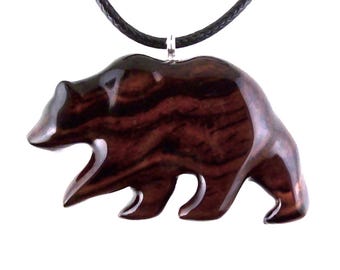 Wood Bear Necklace, Hand Carved Wooden Grizzly Bear Pendant for Men or Women, Spirit Animal Totem Jewelry Gift for Him Her