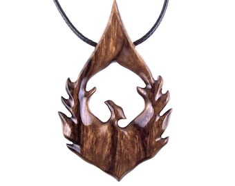 Phoenix Necklace, Hand Carved Wooden Firebird Pendant for Men or Women