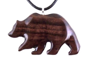 Grizzly Bear Necklace, Hand Carved Wooden Totem Animal Pendant, Wood Jewelry for Men Women