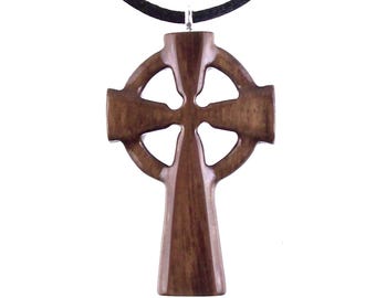 Wooden Celtic Cross Pendant, Wood Celtic Cross Necklace, Hand Carved Irish Christian Jewelry Men