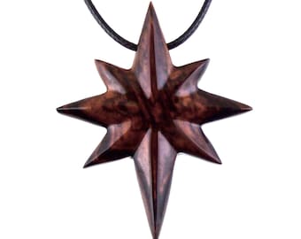 North Star Necklace, Hand Carved Wooden Polaris Pendant, Traveler Lucky Charm, Wood Jewelry