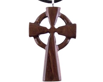 Celtic Wood Cross Necklace, Hand Carved Wooden Cross Pendant, Christian Irish Jewelry, One of a Kind Gift for Men