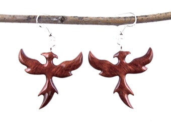 Phoenix Earrings, Hand Carved Wooden Rising Firebird Earrings, Handmade Bohemian Wood Jewelry Gift for Her