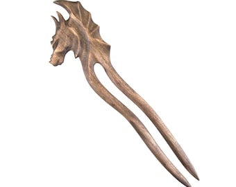 Carved Wood Dragon Hair Fork, Wooden Two Prong Hair Pin Handcrafted in Ebonized Cherrywood
