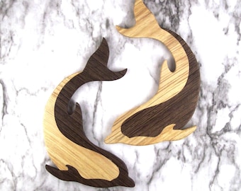 Set of Two Wooden Dolphins Wall Hangings, Wood Anniversary Gift, Handmade Nursery Decor