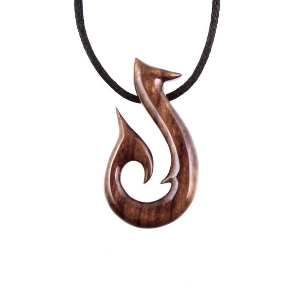 Wooden Fish Hook Pendant Necklace for Men, Hand Carved Fisherman