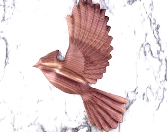 Hand Carved Cardinal Bird Wall Hanging, Flying Bird Wood Carving in Aromatic Red Cedar