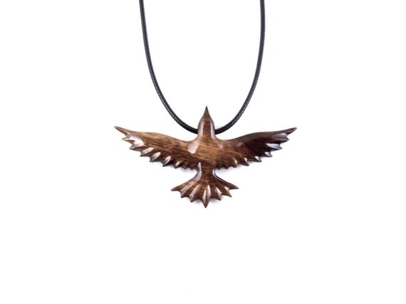Soaring Raven Necklace For Men Or Women Hand Carved Wooden Crow Pendant Wood Bird Necklace Totem Jewelry