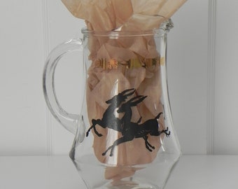 VINTAGE // 1950s glass beverage pitcher // black leaping deer gazelle, gold pinecone // Mid Century barware // beverage juice mixology