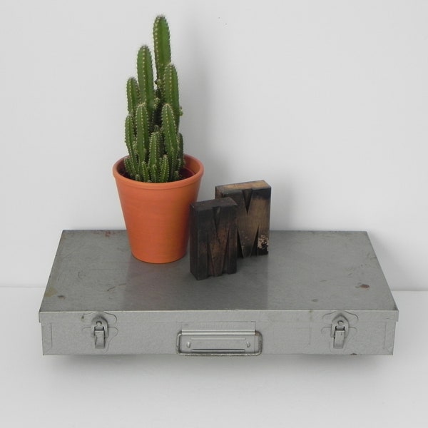 VINTAGE // industrial steampunk metal storage box // Brumberger New York // grey enameled steel storage case, bin, utility box, shelf