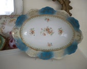 E S Prussia Porcelain LARGE Oval Serving Bowl Antique Erdmann Schlegelmilch Royal Saxe Hand Painted Poppies Aqua Turquoise Blue Green