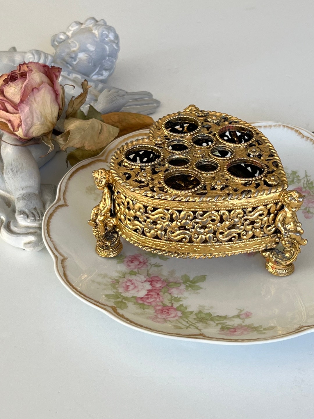VINTAGE // Gold Lipstick & Eyeliner Holder // Heart Shaped Etsy