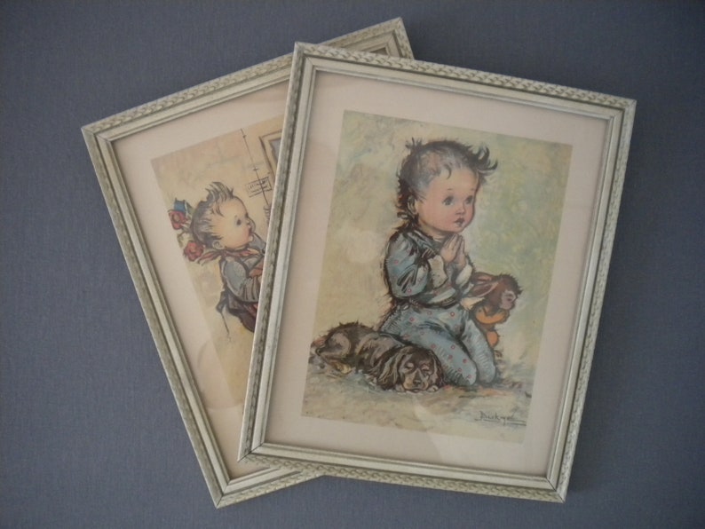 Childrens Room Nursery Decor 1950 S Vintage Wood Frames 8 X 10 Art Prints By Bukge Boy Praying Violin Lesson Set Of 2