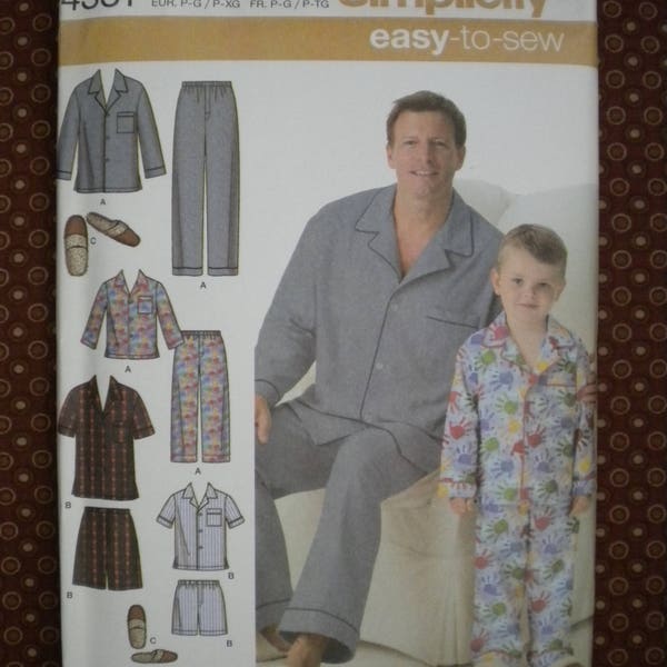 Simplicity 4381 UNCUT FF • Easy to Sew Boy's + Men's Long or Short Pajamas & Slippers Sewing Pattern • Small / Medium / Large / Extra Large