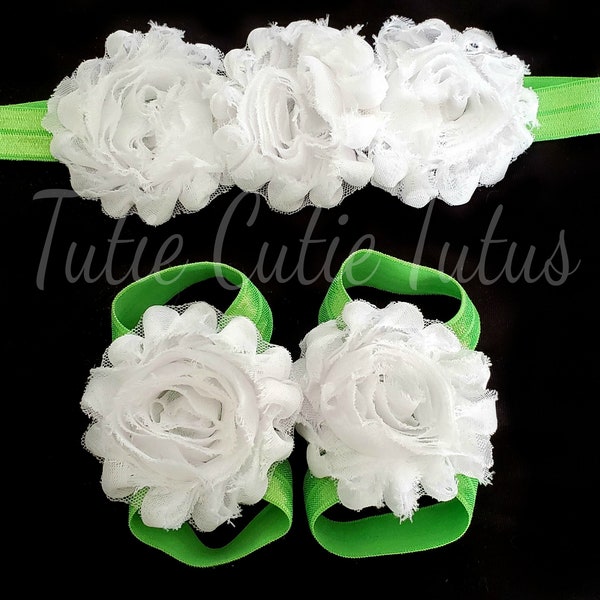 Tinkerbell Headband and Barefoot Sandals Green with White Shabby flowers