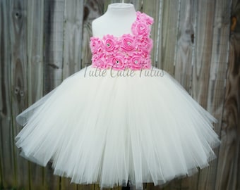 Shabby Chic Flower Girl Tutu Dress in Pink and Ivory