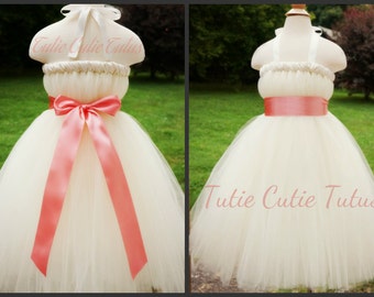 Elegant Ivory Tutu Dress with Wide Coral Sash NB-8