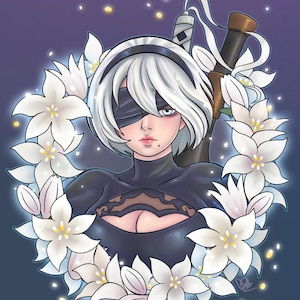Może przedstawiać: Cyfrowa ilustracja postaci z białymi włosami i opaską na oczy, otoczona białymi kwiatami. Postać ma na sobie czarny strój i trzyma miecz. Tło to gradient ciemnoniebieskiego i fioletowego.