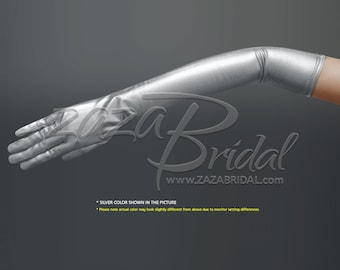 May include: Silver-colored, long satin gloves. The gloves extend past the elbow and are made of a shiny, smooth material. The ZazaBridal logo and website address are visible in the background. The text states the color may vary.