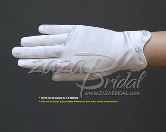 Girl’s Satin Gloves with Scalloped trim & Pearl Accents
