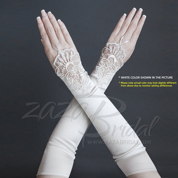 Shiny Satin Fingerless Gloves with Floral Embroidery Lace, Sequins, and Pearl Accent