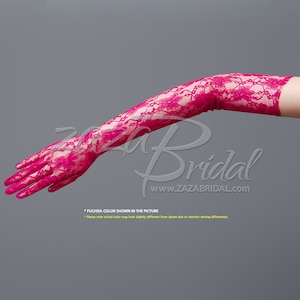May include: A pair of long fuchsia lace gloves. The gloves are made of delicate lace and have a floral pattern. * FUCHSIA COLOR SHOWN IN THE PICTURE *Please note actual colour may look slightly different from above due to monitor setting differences.