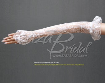 May include: White lace elbow-length gloves with a ruffled cuff. The gloves are shown on a hand against a gray background.