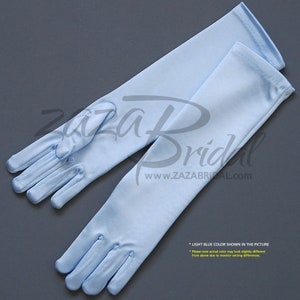 May include: A pair of light blue satin elbow-length gloves. The gloves are made of a soft, stretchy fabric and have a smooth finish.  * LIGHT BLUE COLOR SHOWN IN THE PICTURE *Please note actual color may look slightly different from above due to monitor setting differences.