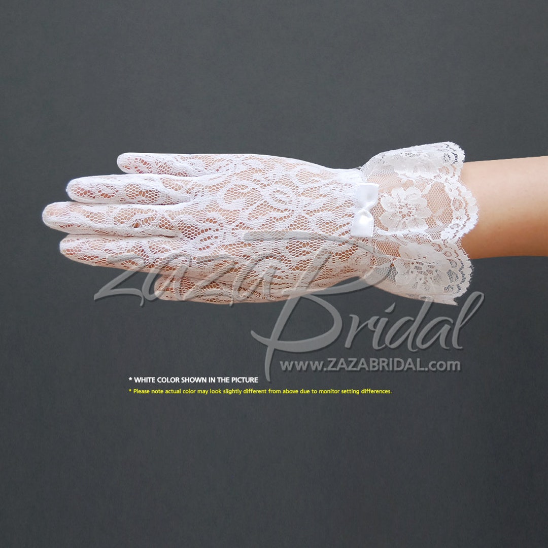 Stretch Floral Lace Gloves for Girl With Lace Ruffle Trim Wrist Length