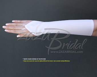 May include: White elbow-length bridal gloves with a pointed fingertip design. The gloves are made of a soft, stretchy fabric and are perfect for a wedding or special occasion.