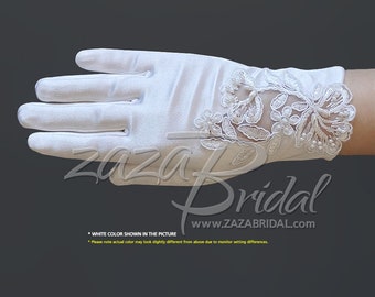 Girl’s Satin Gloves with Floral Embroidery Lace & Pearls