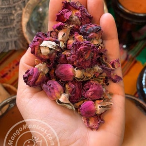 Op de afbeelding: Een handvol gedroogde rozenblaadjes en knoppen in roze en rode tinten. De blaadjes zijn los en sommige zijn nog in knopvorm. De blaadjes bevinden zich in de hand van een persoon.