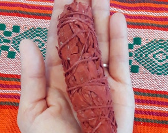 May include: A red palo santo stick bundled with twine, held in a hand wearing several bracelets. The bracelets are made of various materials, including tiger's eye, lapis lazuli, and a blue evil eye charm.